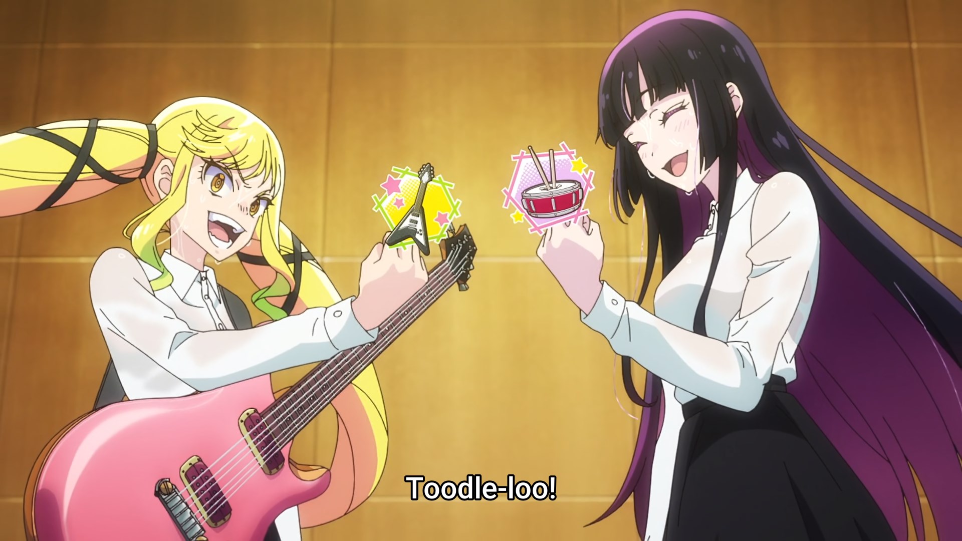 Lily, blonde with huge twin tails and a manic look in her eyes flips off the viewer as Oto, with long black hair and smiling in a ladylike manner does the same. The subtitles read Toodle-loo.